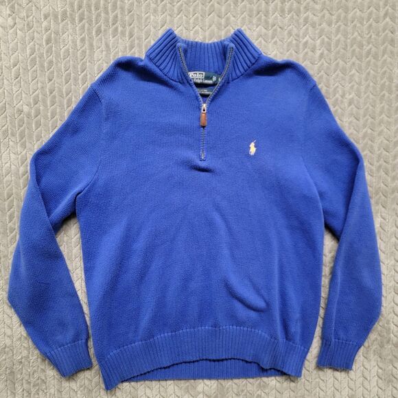 Polo Ralph Lauren ¼ Zip Sweater Men Sz Large Blue Yellow Pony Long Sleeve Cotton - Picture 1 of 8